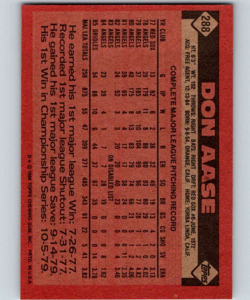 1986 Topps #288 Don Aase Orioles MLB Baseball Image 2