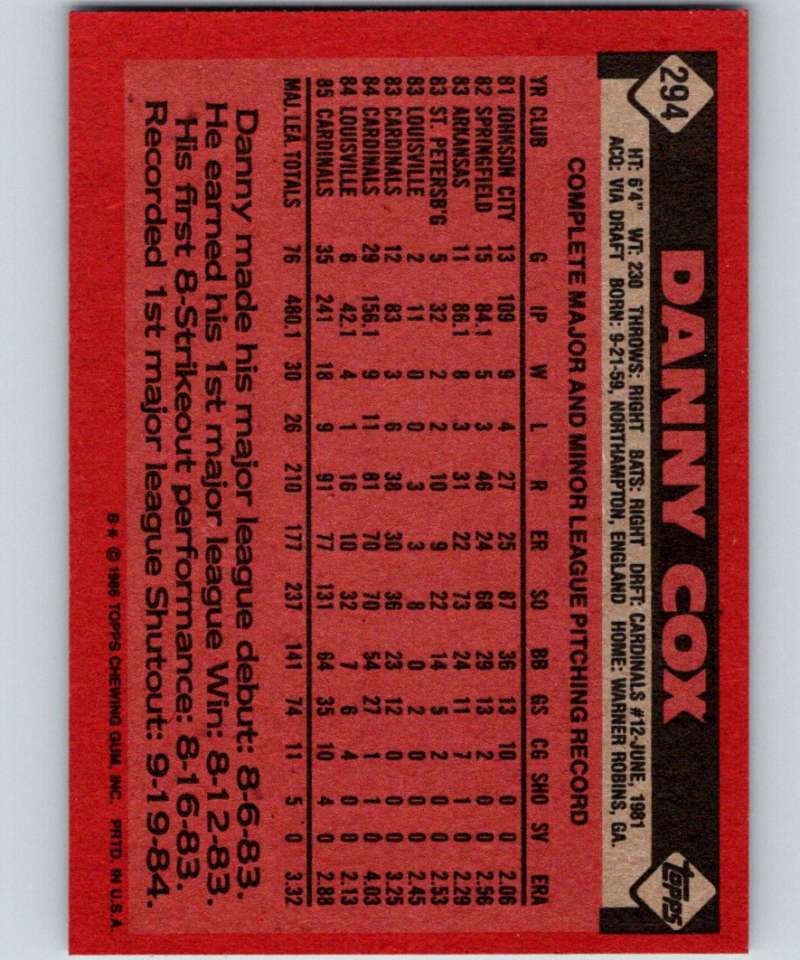 1986 Topps #294 Danny Cox Cardinals MLB Baseball Image 2