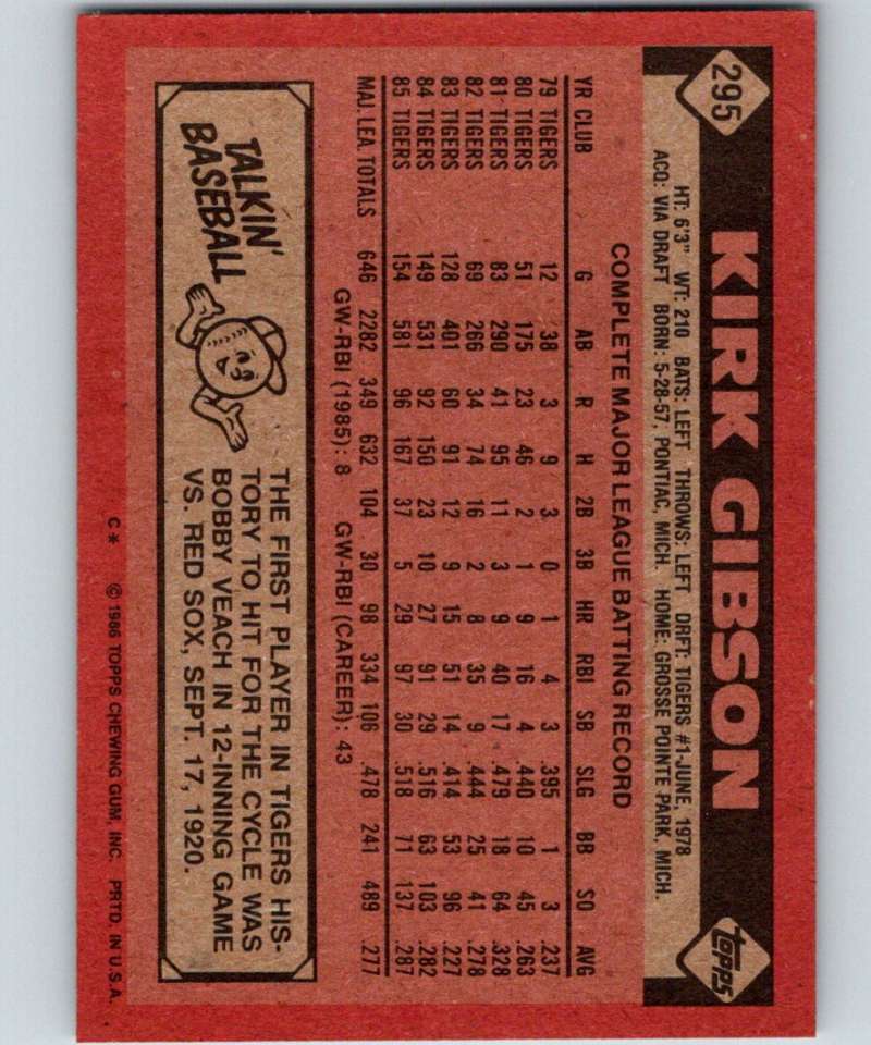 1986 Topps #295 Kirk Gibson Tigers MLB Baseball Image 2