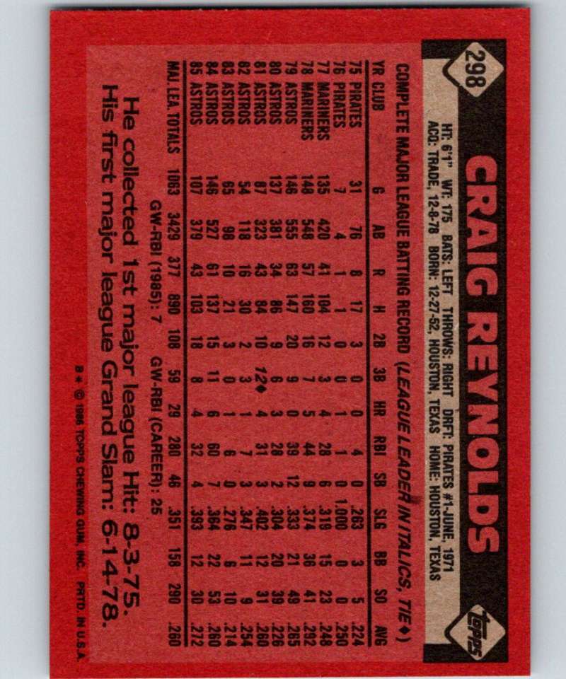 1986 Topps #298 Craig Reynolds Astros MLB Baseball Image 2