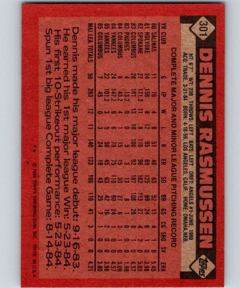 1986 Topps #301 Dennis Rasmussen Yankees MLB Baseball Image 2