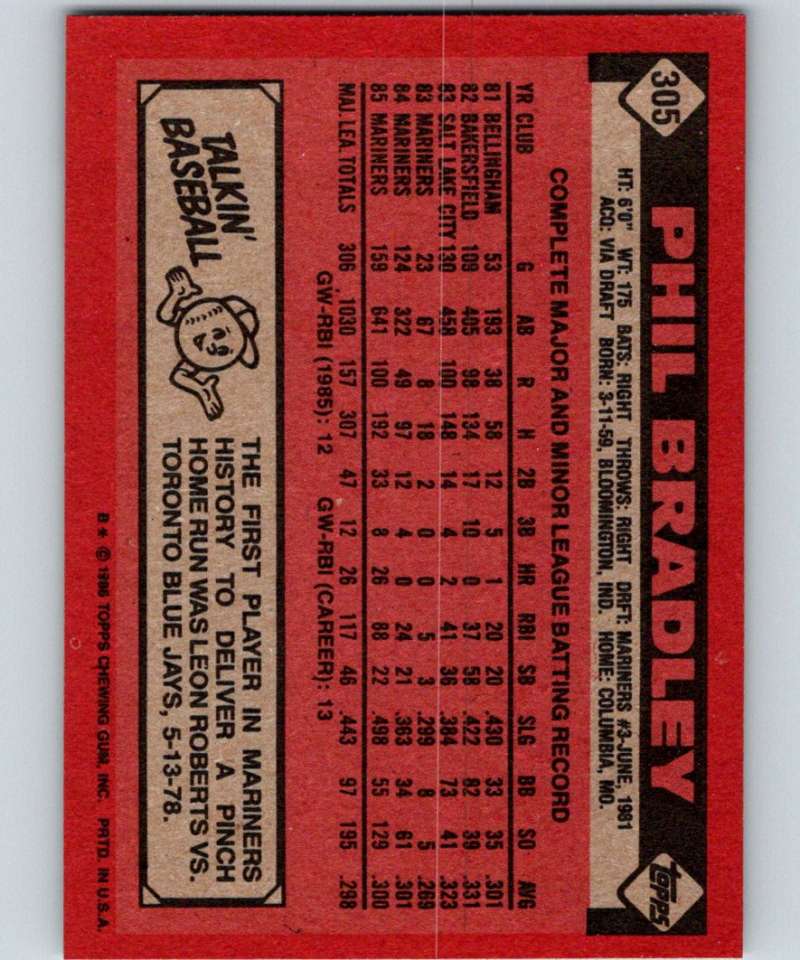 1986 Topps #305 Phil Bradley Mariners MLB Baseball