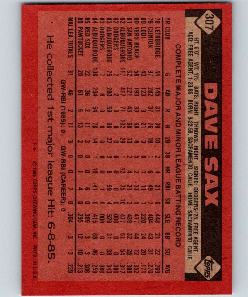1986 Topps #307 Dave Sax Red Sox MLB Baseball Image 2