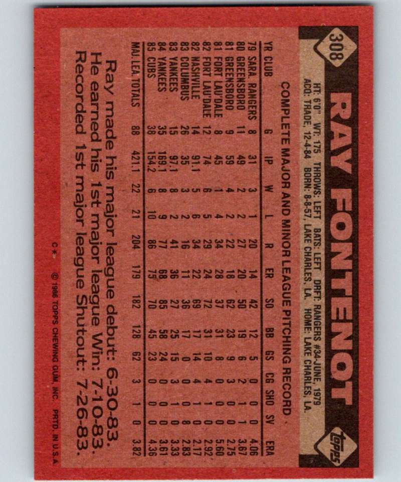 1986 Topps #308 Ray Fontenot Cubs MLB Baseball Image 2