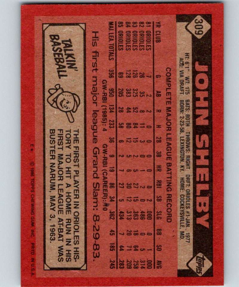 1986 Topps #309 John Shelby Orioles MLB Baseball Image 2