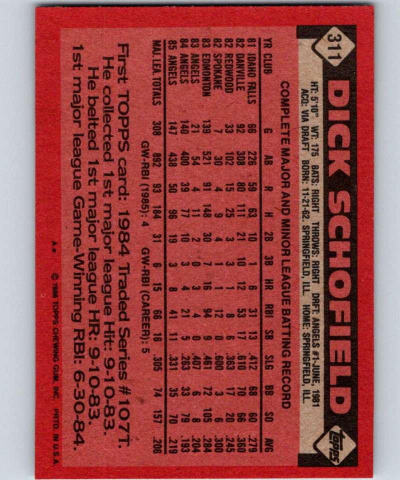 1986 Topps #311 Dick Schofield Angels MLB Baseball Image 2