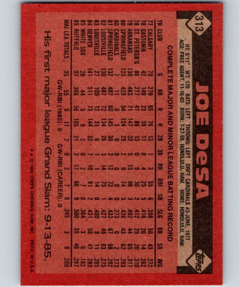 1986 Topps #313 Joe DeSa RC Rookie White Sox MLB Baseball Image 2