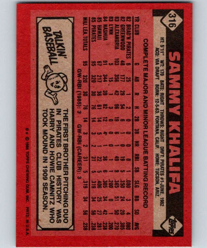 1986 Topps #316 Sammy Khalifa RC Rookie Pirates MLB Baseball Image 2