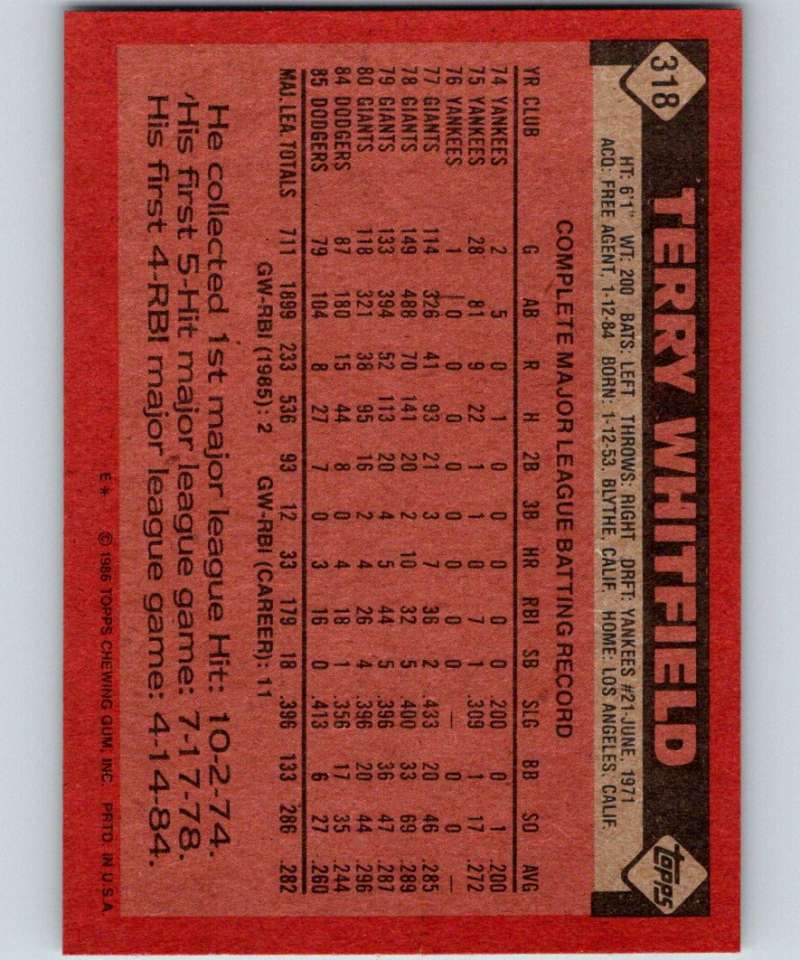 1986 Topps #318 Terry Whitfield Dodgers MLB Baseball