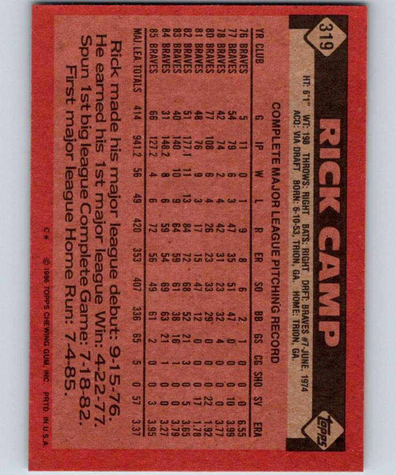 1986 Topps #319 Rick Camp Braves MLB Baseball Image 2