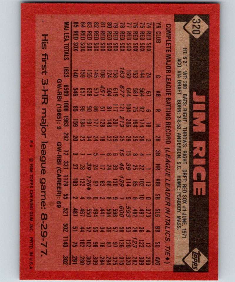 1986 Topps #320 Jim Rice Red Sox MLB Baseball