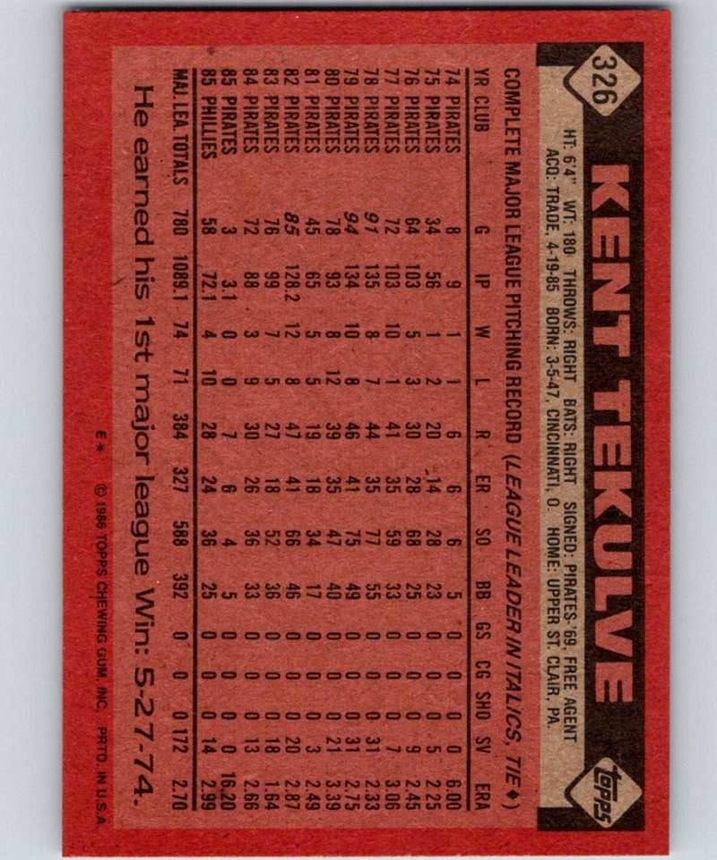 1986 Topps #326 Kent Tekulve Phillies MLB Baseball