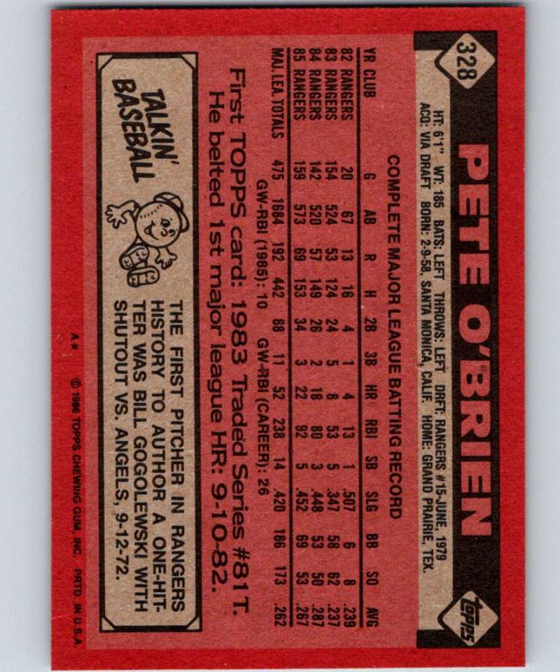 1986 Topps #328 Pete O'Brien Rangers MLB Baseball Image 2
