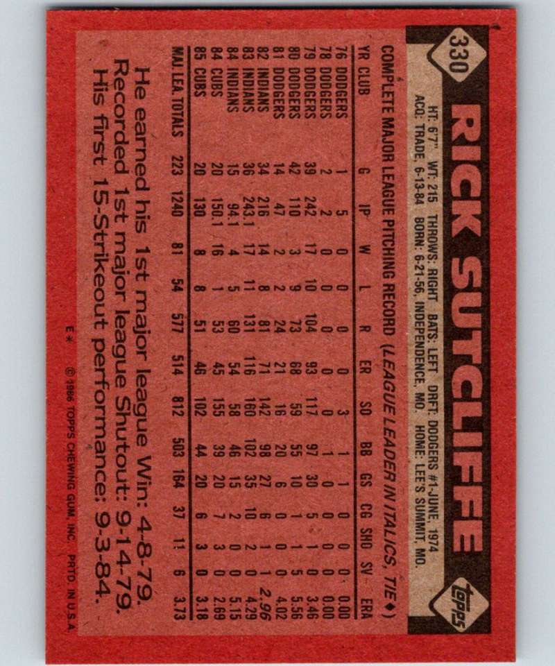 1986 Topps #330 Rick Sutcliffe Cubs MLB Baseball Image 2