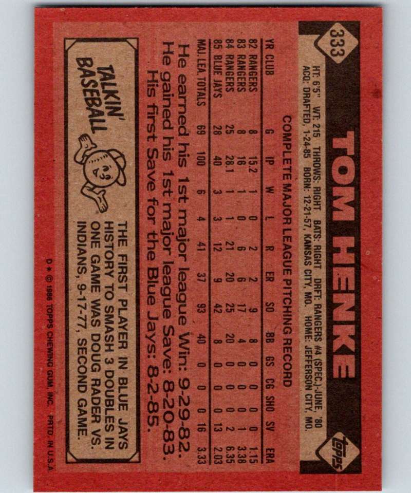 1986 Topps #333 Tom Henke Blue Jays MLB Baseball