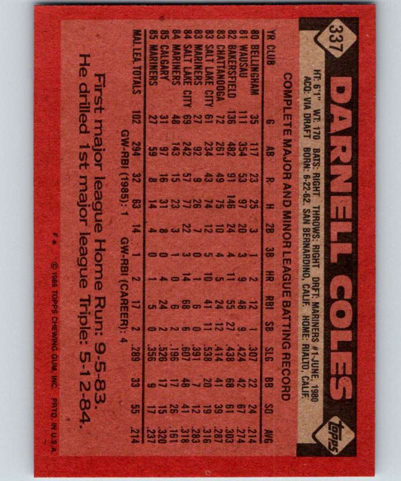 1986 Topps #337 Darnell Coles Mariners MLB Baseball Image 2