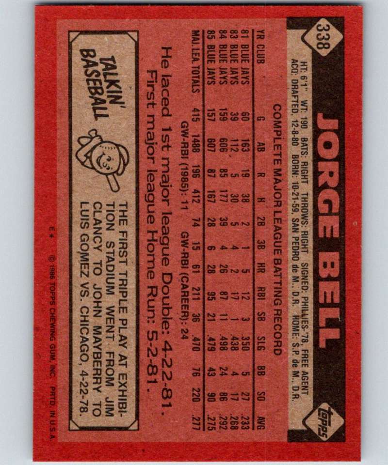 1986 Topps #338 Jorge Bell Blue Jays MLB Baseball