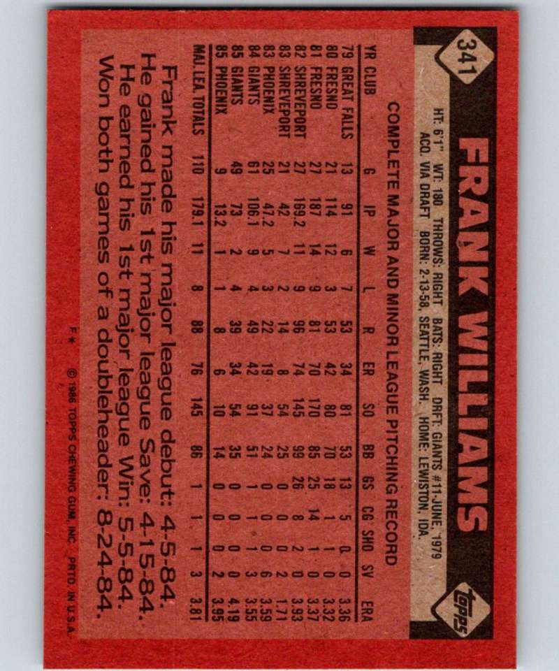 1986 Topps #341 Frank Williams Giants MLB Baseball Image 2