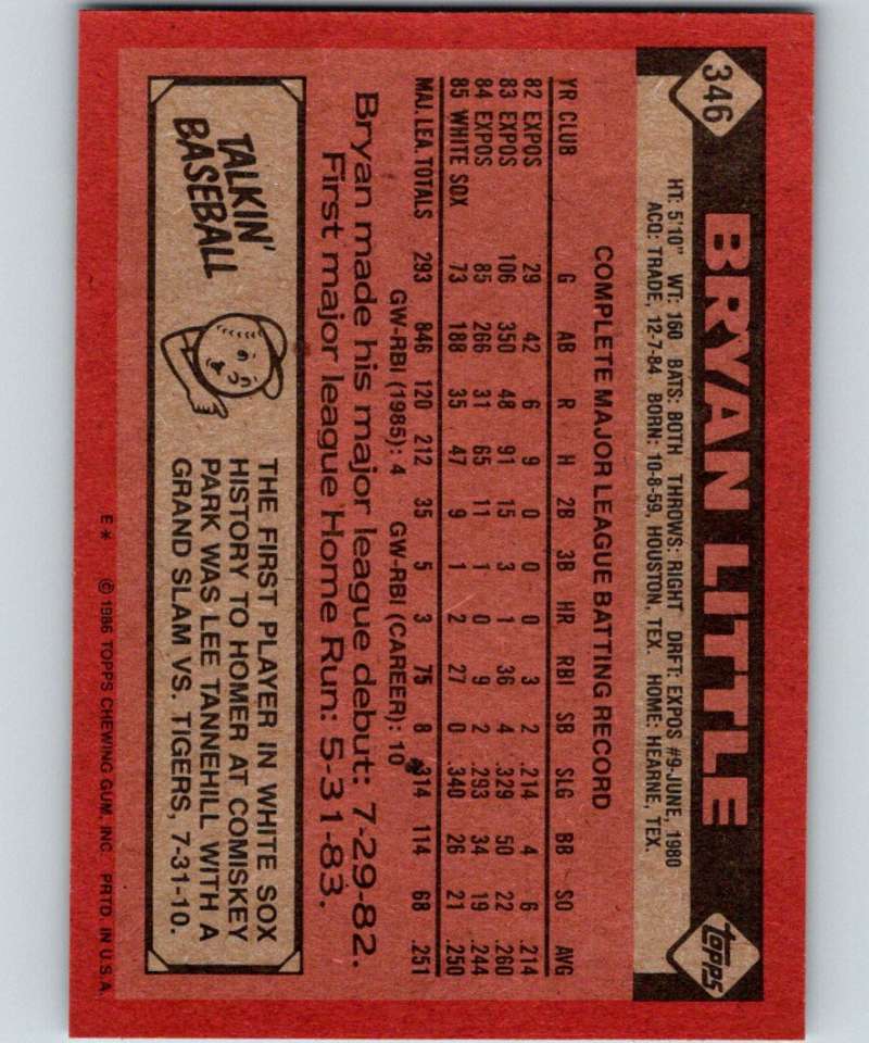 1986 Topps #346 Bryan Little White Sox MLB Baseball Image 2