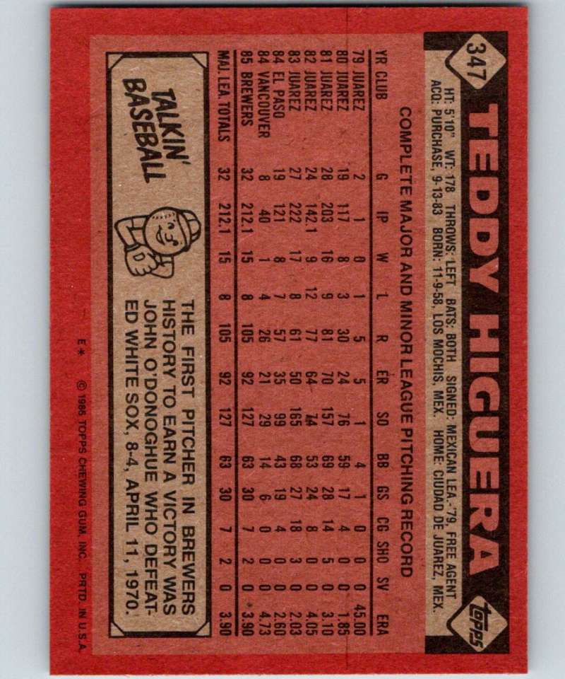 1986 Topps #347 Teddy Higuera RC Rookie Brewers MLB Baseball Image 2
