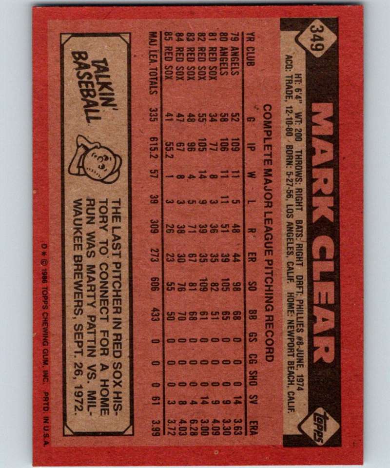 1986 Topps #349 Mark Clear Red Sox MLB Baseball Image 2