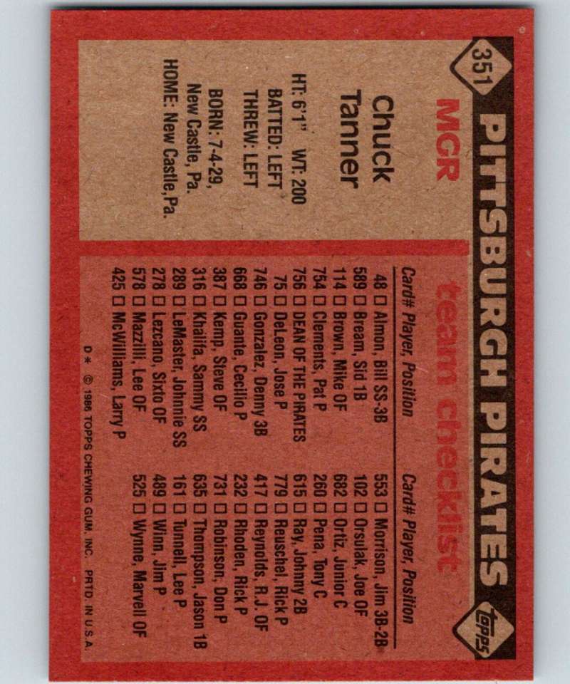 1986 Topps #351 Chuck Tanner Pirates MG MLB Baseball Image 2