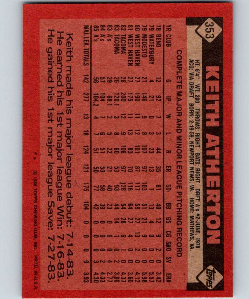 1986 Topps #353 Keith Atherton Athletics MLB Baseball Image 2