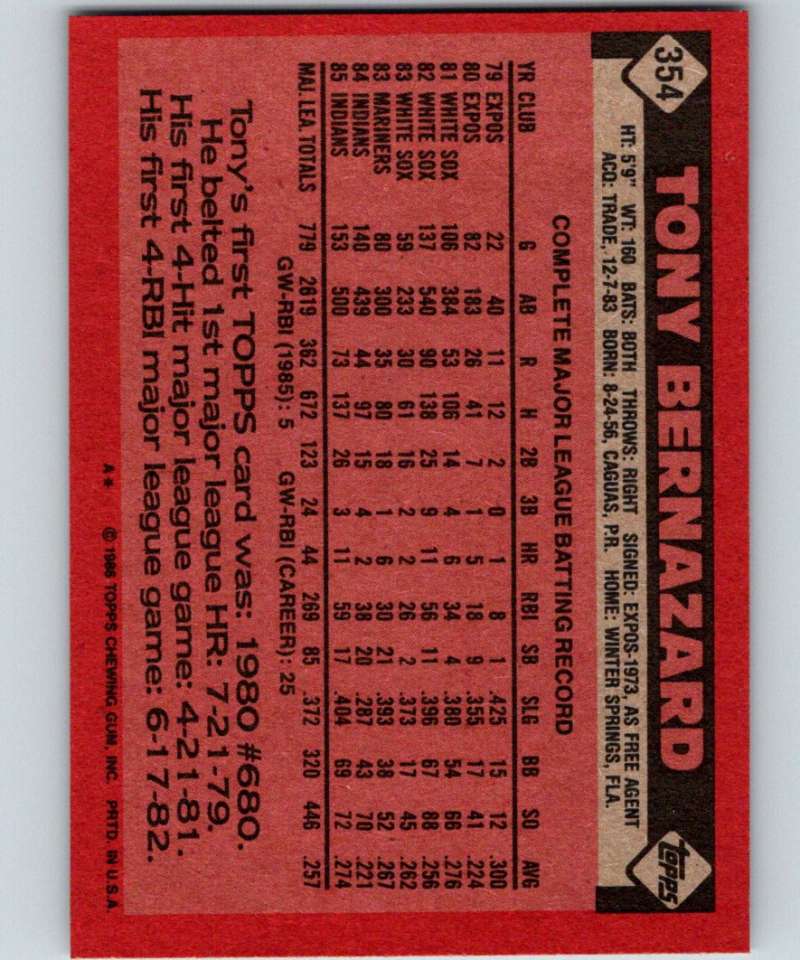 1986 Topps #354 Tony Bernazard Indians MLB Baseball Image 2