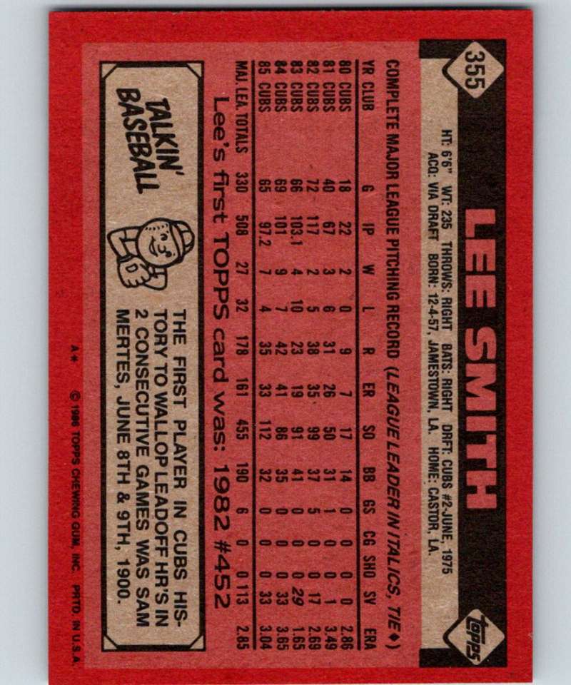 1986 Topps #355 Lee Smith Cubs MLB Baseball