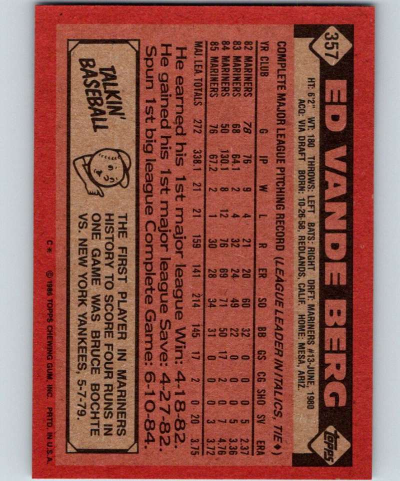 1986 Topps #357 Ed Vande Berg Mariners MLB Baseball Image 2