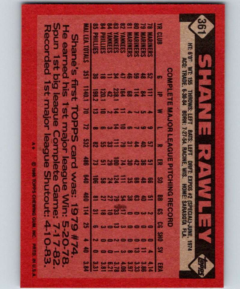 1986 Topps #361 Shane Rawley Phillies MLB Baseball Image 2