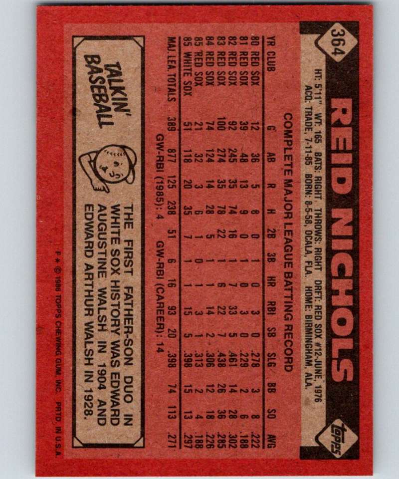 1986 Topps #364 Reid Nichols White Sox MLB Baseball Image 2