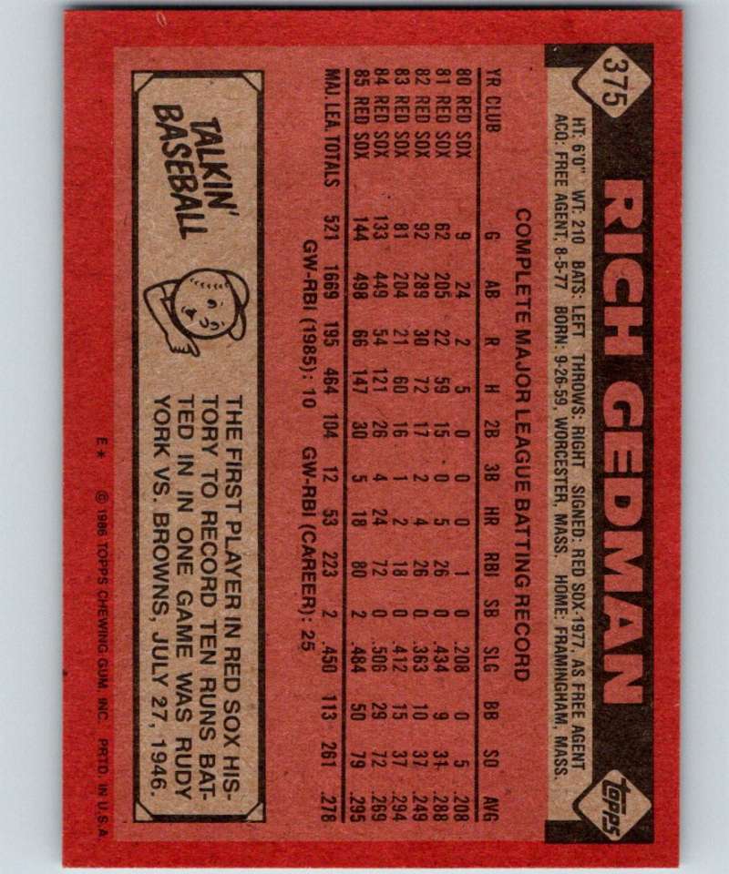 1986 Topps #375 Rich Gedman Red Sox MLB Baseball Image 2