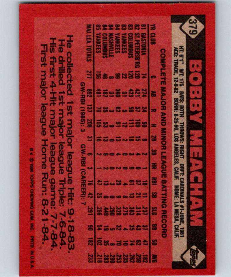 1986 Topps #379 Bobby Meacham Yankees MLB Baseball Image 2