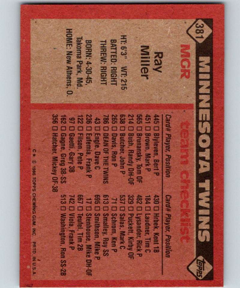 1986 Topps #381 Ray Miller Twins MG MLB Baseball