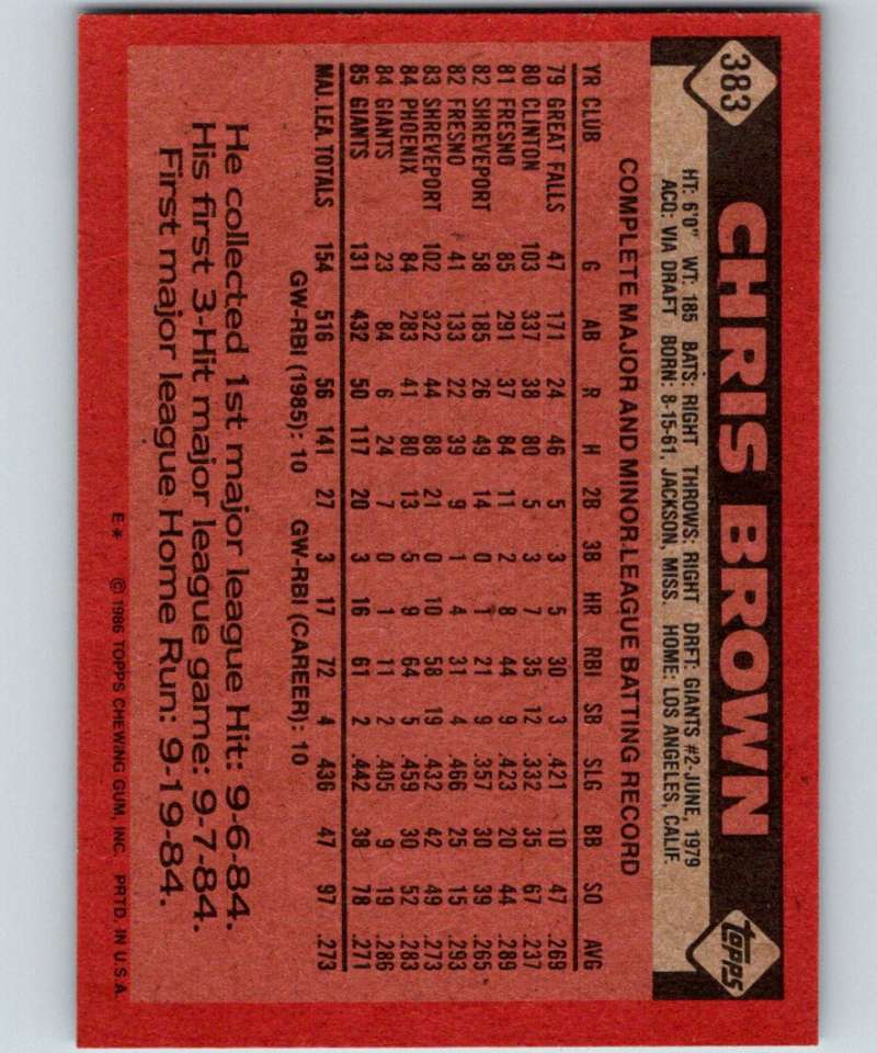 1986 Topps #383 Chris Brown RC Rookie Giants MLB Baseball Image 2