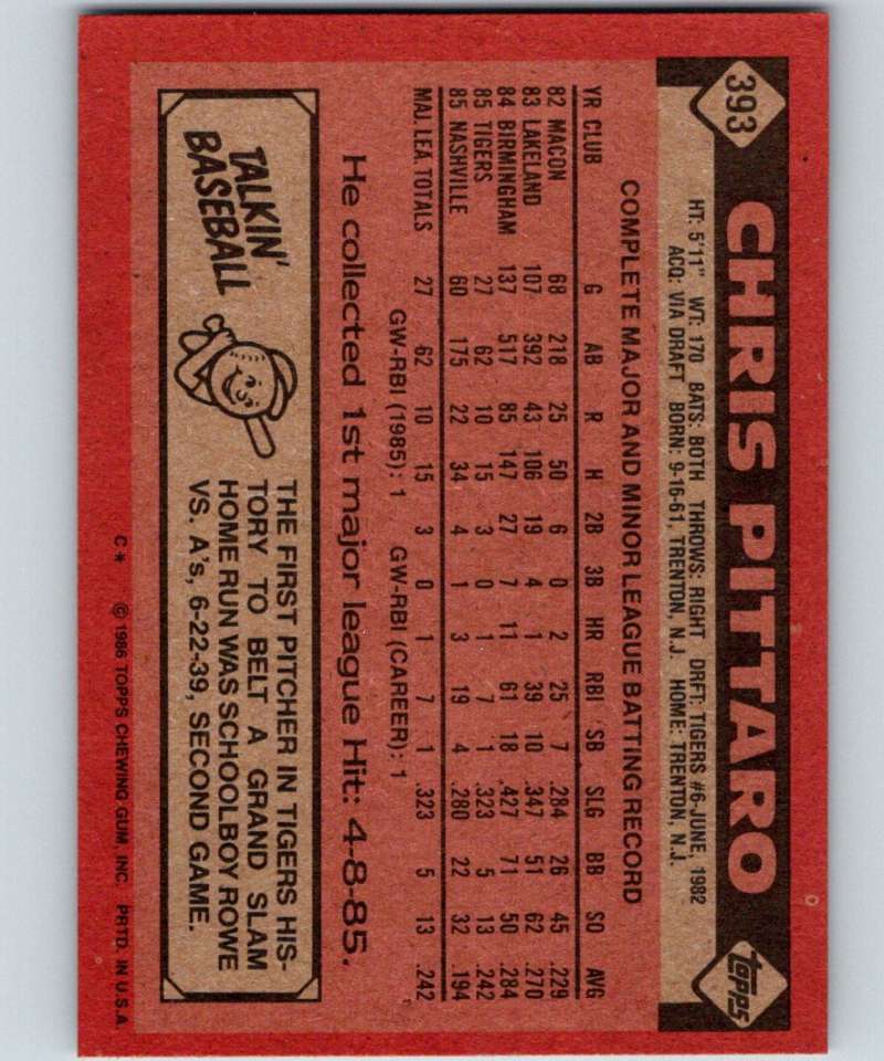 1986 Topps #393 Chris Pittaro RC Rookie Tigers MLB Baseball Image 2