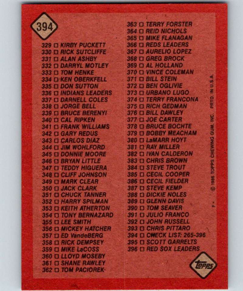 1986 Topps #394 Checklist 265-396 MLB Baseball Image 2