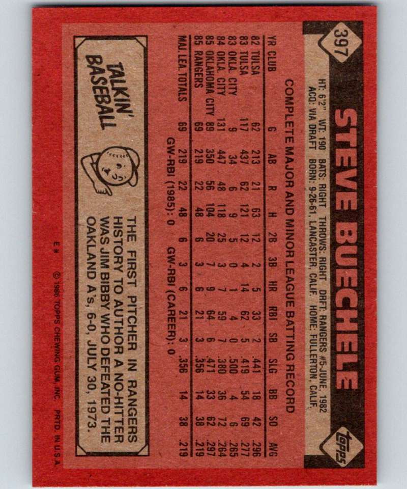 1986 Topps #397 Steve Buechele RC Rookie Rangers MLB Baseball