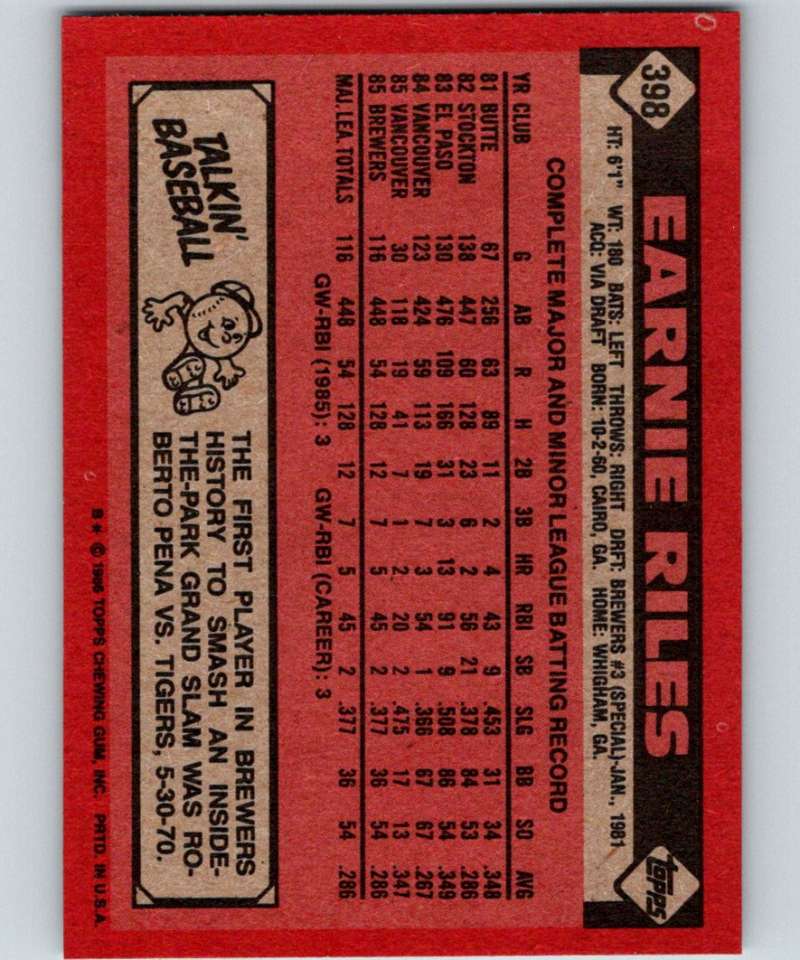 1986 Topps #398 Ernest Riles Brewers MLB Baseball Image 2