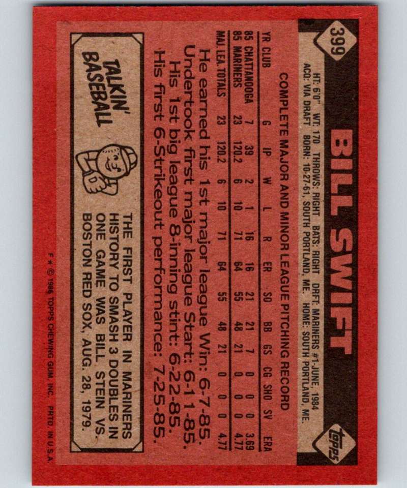 1986 Topps #399 Bill Swift Mariners MLB Baseball Image 2