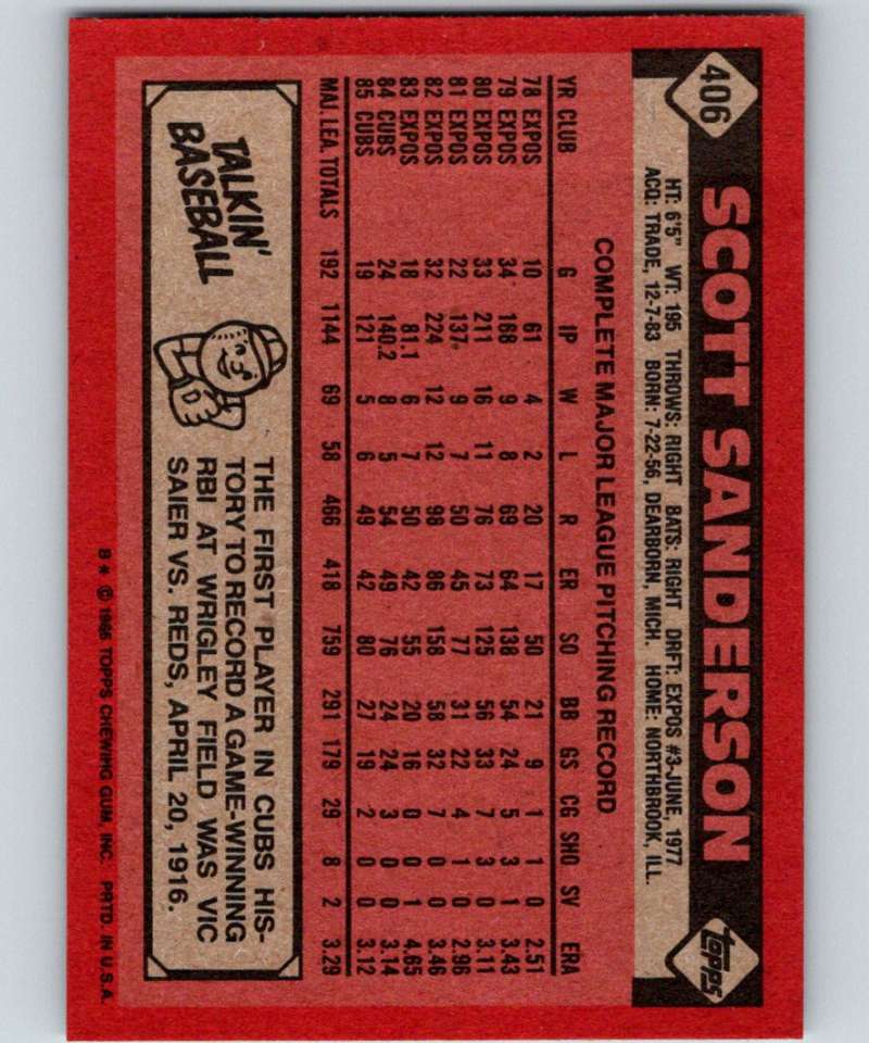 1986 Topps #406 Scott Sanderson Cubs MLB Baseball