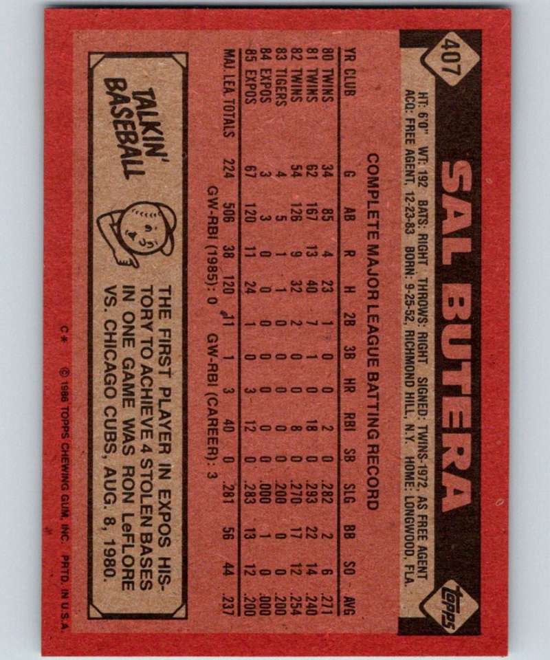 1986 Topps #407 Sal Butera Expos MLB Baseball Image 2