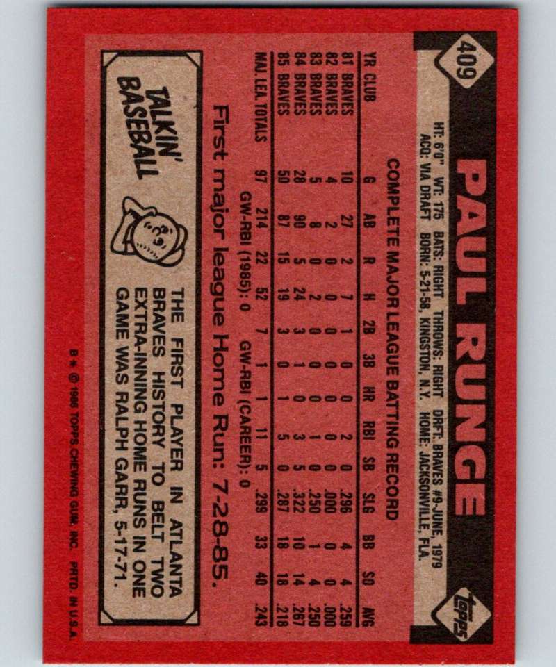 1986 Topps #409 Paul Runge RC Rookie Braves MLB Baseball Image 2