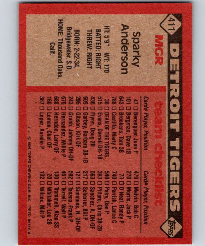 1986 Topps #411 Sparky Anderson Tigers MG MLB Baseball