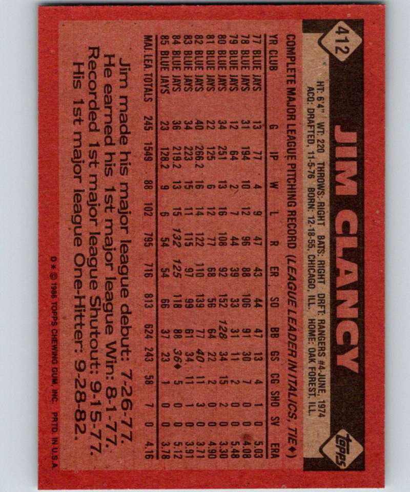 1986 Topps #412 Jim Clancy Blue Jays MLB Baseball Image 2