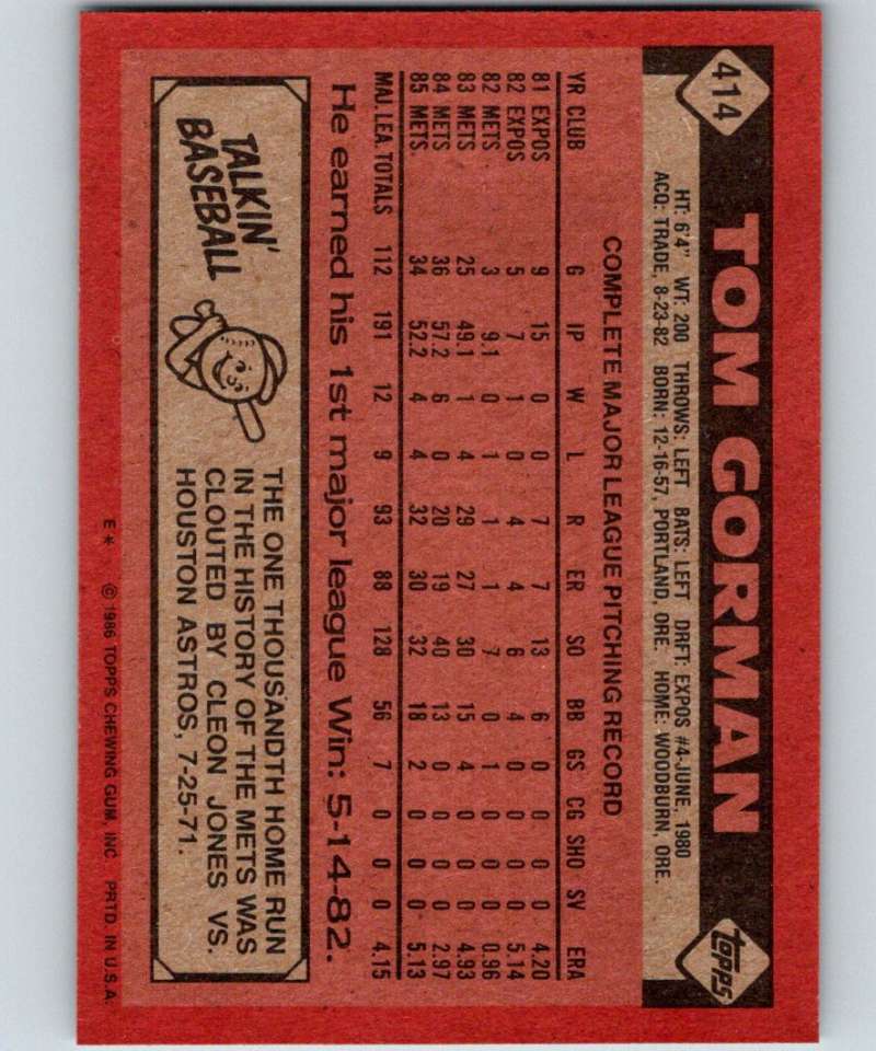 1986 Topps #414 Tom Gorman Mets MLB Baseball