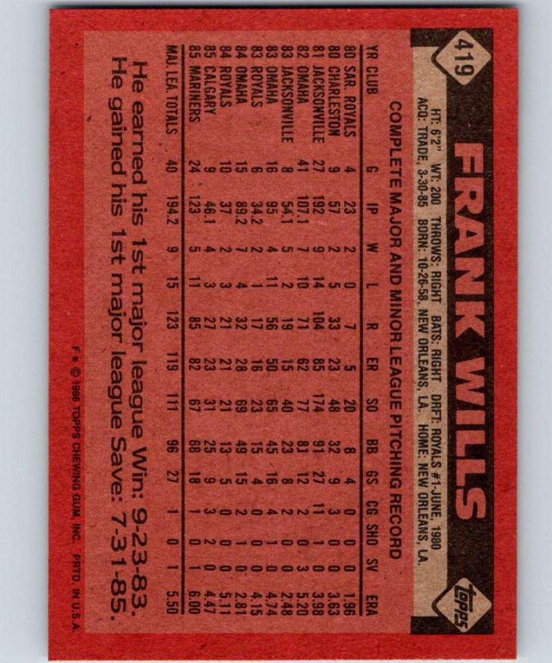 1986 Topps #419 Frank Wills Mariners MLB Baseball Image 2
