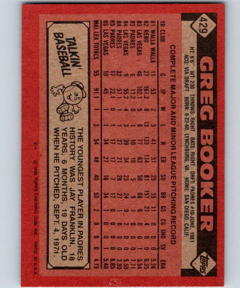 1986 Topps #429 Greg Booker Padres MLB Baseball Image 2