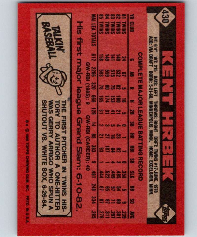 1986 Topps #430 Kent Hrbek Twins MLB Baseball Image 2